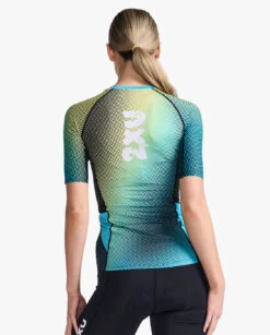 2XU Aero Tri Top Korte Mouw Blauw/groen Dames -Zwemartikelen Winkel 2xu aero sleeved top wt6666a cya wht 007