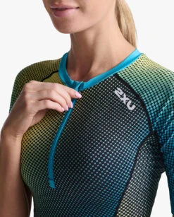 2XU Aero Tri Top Korte Mouw Blauw/groen Dames -Zwemartikelen Winkel 2xu aero sleeved top wt6666a cya wht 022
